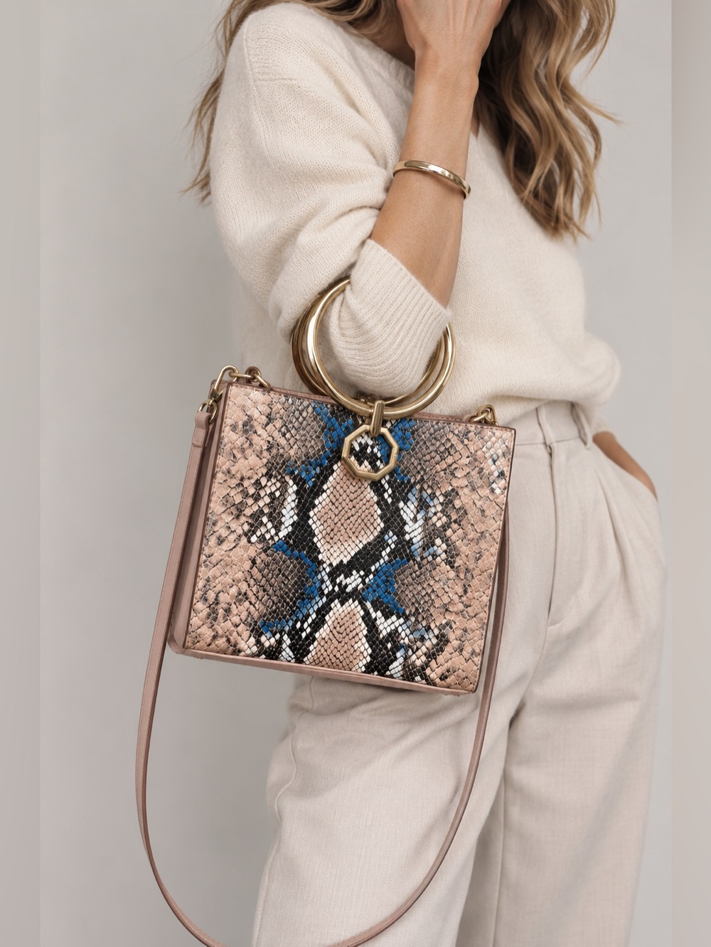 Dream Control Reptile Print Gold Metal Ring Handles Removable Crossbody Strap